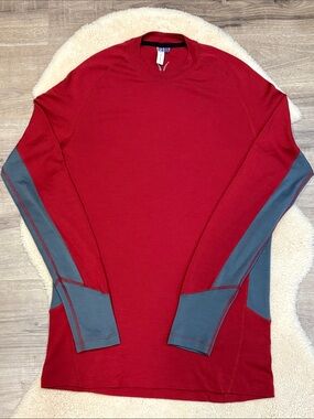 Ibex Red Long-Sleeve Base Layer Merino Top with Gray Accents
